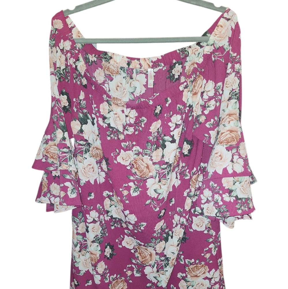 Xhilaration Floral Pink Off-The-Shoulder Minidress, 1/2 Bell Sleeve, XL X